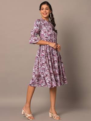 Women lavender botanical floral printed flared western midi dress 5