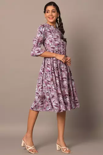 Women lavender botanical floral printed flared western midi dress