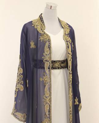 Navy Blue Georgette Zari Work Kaftan with Jacket & Belt 2