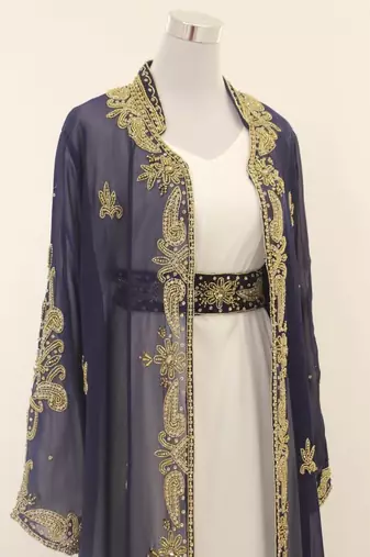 Navy Blue Georgette Zari Work Kaftan with Jacket & Belt