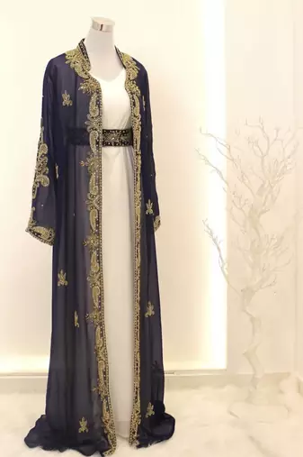 Navy Blue Georgette Zari Work Kaftan with Jacket & Belt