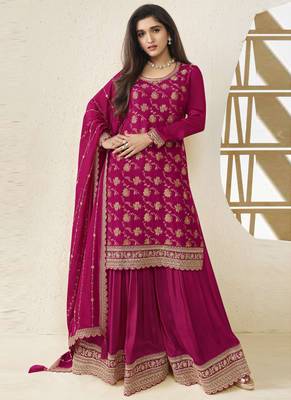 Chinnon jacquard magenta zari embroidered palazzo suit 1