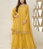 Chinnon jacquard yellow zari embroideyellow palazzo suit