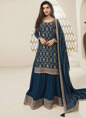 Chinnon jacquard teal blue zari embroideteal blue palazzo suit 1