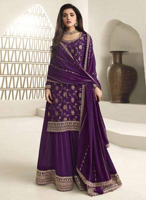 Chinnon jacquard purple zari embroidepurple palazzo suit 1