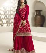 Chinnon jacquard red zari embroidered palazzo suit
