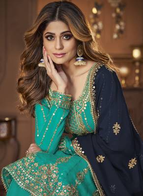 Turquoise and blue embroidered peplum top and lehenga 2