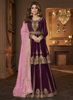 Wine and Pink embroidered peplum top and lehenga 1