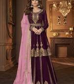 Wine and Pink embroidered peplum top and lehenga