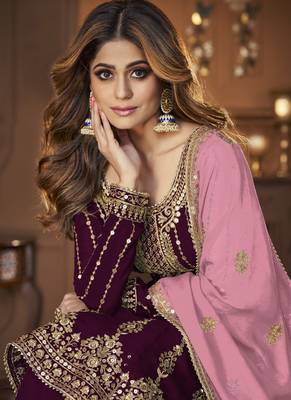 Wine and Pink embroidered peplum top and lehenga 2