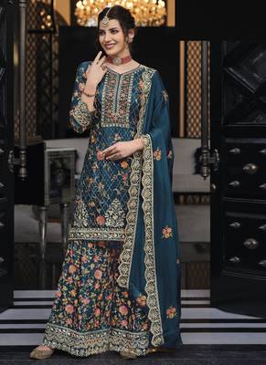 Teal blue chinon & georgette designer palazzo salwar suit 1