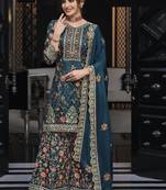 Teal blue chinon & georgette designer palazzo salwar suit