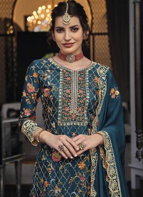 Teal blue chinon & georgette designer palazzo salwar suit 2