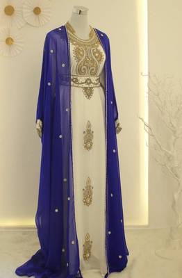 Royal-Blue & White Kaftan Handcrafted Georgette Work Party Wear Fully Stitched Dresses 1
