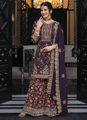 Wine chinon & georgette designer palazzo salwar suit 1