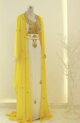 Elegant White and Yellow Gold Thread Embroidered Kaftan Dress 1