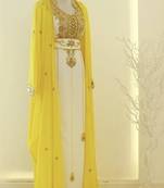 Elegant White and Yellow Gold Thread Embroidered Kaftan Dress