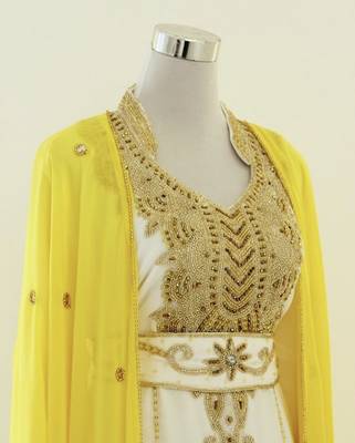 Elegant White and Yellow Gold Thread Embroidered Kaftan Dress 2