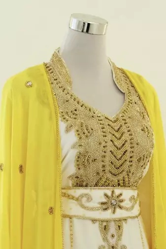 Elegant White and Yellow Gold Thread Embroidered Kaftan Dress
