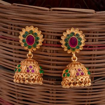 Golden jhumkas with ruby emerald stones one gram gold 2