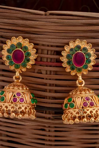 Golden jhumkas with ruby emerald stones one gram gold