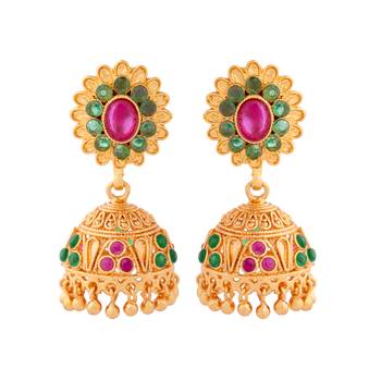 Golden jhumkas with ruby emerald stones one gram gold 3