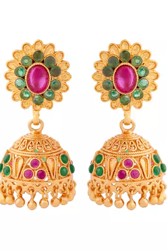 Golden jhumkas with ruby emerald stones one gram gold