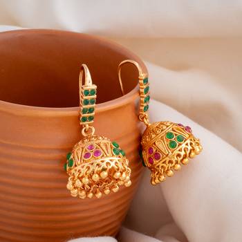 Golden hook jhumkas with ruby emerald one gram gold 2