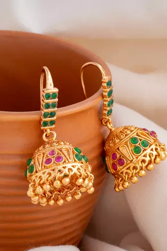 Golden hook jhumkas with ruby emerald one gram gold