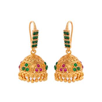 Golden hook jhumkas with ruby emerald one gram gold 3