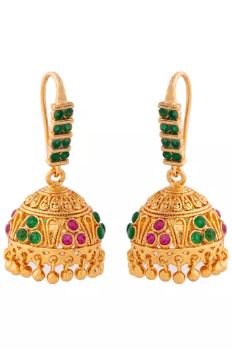 Golden hook jhumkas with ruby emerald one gram gold