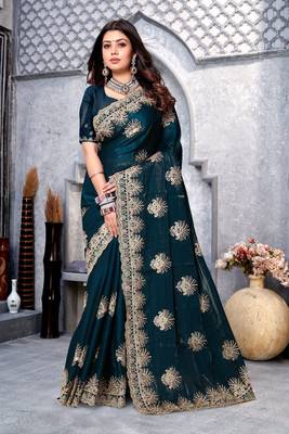 Teal blue zarkan diamond embroidery crepe silk saree 1