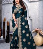 Teal blue zarkan diamond embroidery crepe silk saree
