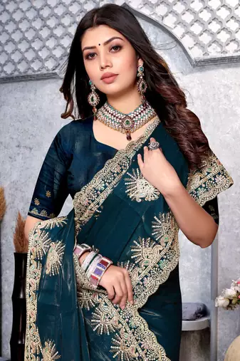 Teal blue zarkan diamond embroidery crepe silk saree