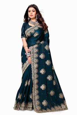 Teal blue zarkan diamond embroidery crepe silk saree 4