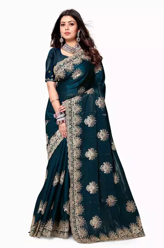 Teal blue zarkan diamond embroidery crepe silk saree