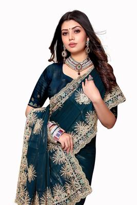 Teal blue zarkan diamond embroidery crepe silk saree 5