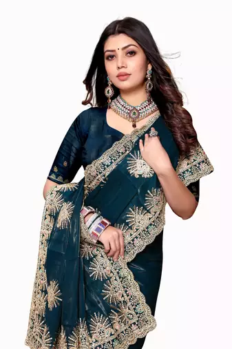 Teal blue zarkan diamond embroidery crepe silk saree