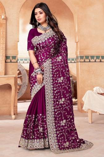 Wine zarkan diamond embroidery crepe silk saree