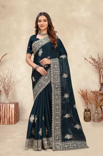Teal blue coding embroidery work crepe silk saree