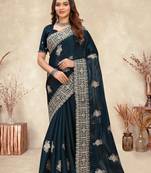 Teal blue coding embroidery work crepe silk saree