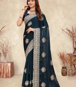 Teal blue coding zarkan embroidery crepe silk saree