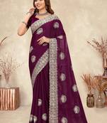 Wine coding zarkan embroidery crepe silk saree