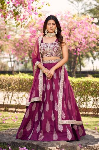 Flaher Wine Silk Embroidered Full Stitch Lehenga Choli With Net Dupatta