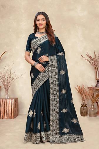 Teal Blue Coding Zarkan Embroidery Crepe Silk Saree