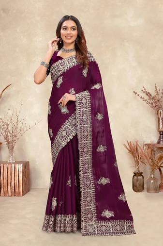 Wine Coding Zarkan Embroidery Crepe Silk Saree