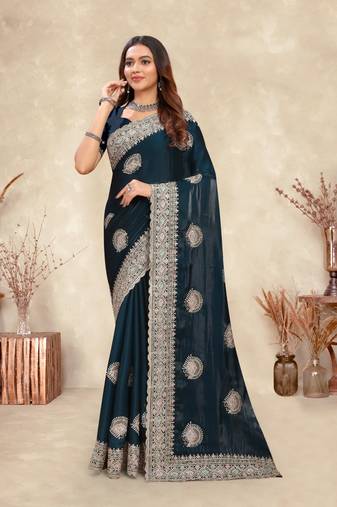 Teal Blue Coding Embroidery Work Crepe Silk Saree