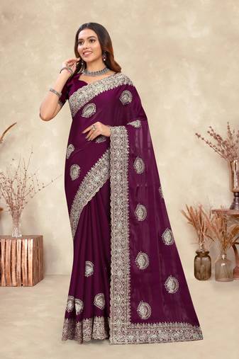 Wine Coding Embroidery Work Crepe Silk Saree