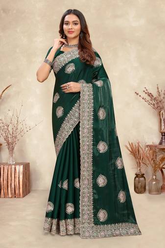 Bottle Green Coding Embroidery Crepe Silk Saree