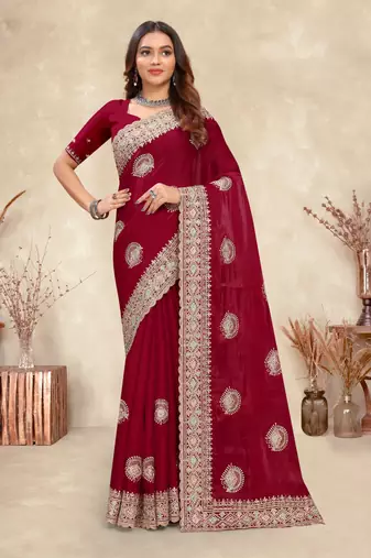 Designer Maroon Coding Embroidery Crepe Silk Saree